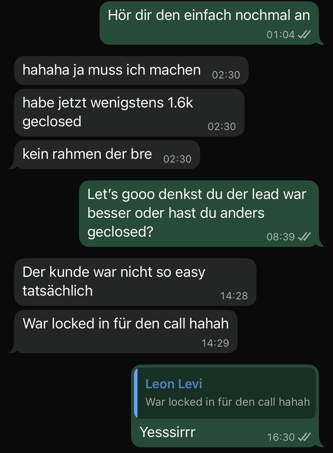 WhatsApp-Nachricht von Leon: 1.6k Close